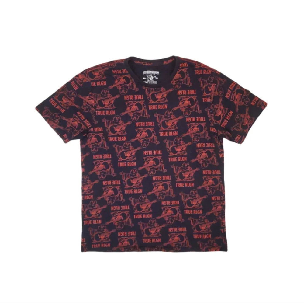 True Religion Men's Buddha Monogram Crew Neck Cotton T-shirt‎ Black/Red Medium